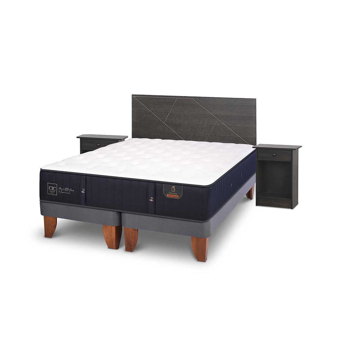 Cama Europea CIC Base Dividida King Premium + Respaldo + 2 Veladores Villarrica