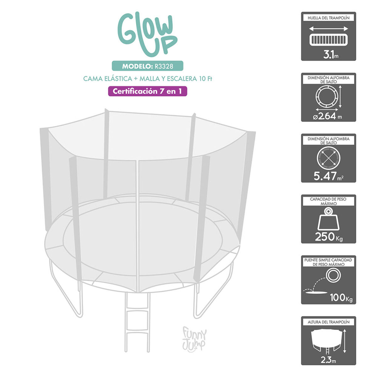 Cama Elástica Glow Up de 10ft 3.05 mts con Malla de Seguridad y Escalera