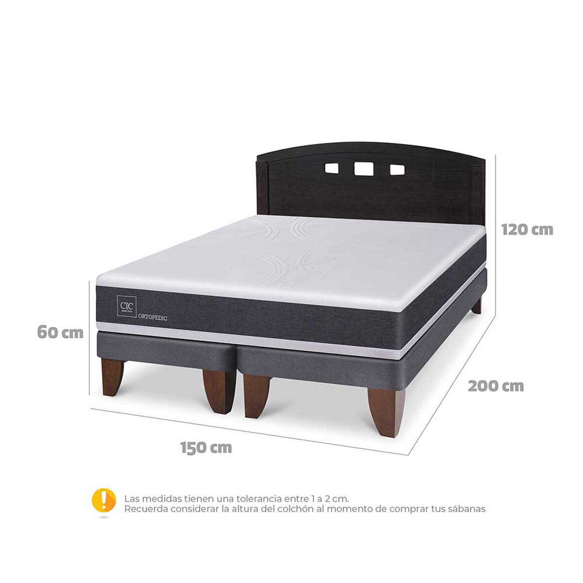 Cama Europea CIC Base Dividida 2 Plazas Ortopedic + Respaldo Gales Negro