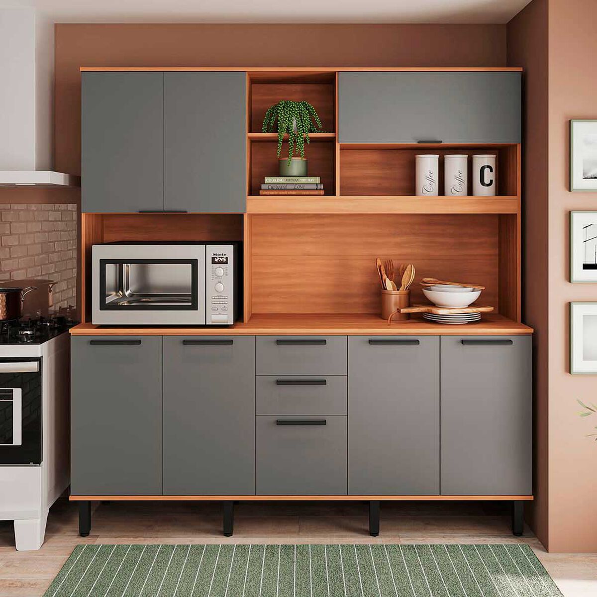 Kit de Cocina Roca Casta&ntilde;a 8 Puertas 3 Cajones Canela-Ceniza