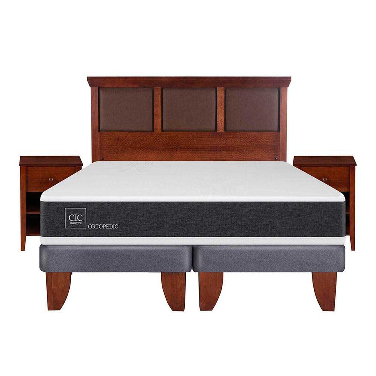 Cama Europea CIC Base Dividida King Ortopedic + Respaldo + 2 Veladores Torino