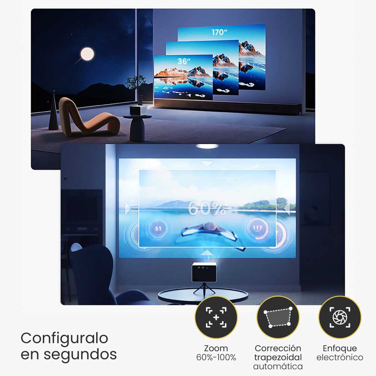 Kit Levo Proyector Halo + Telón Electrico 100"