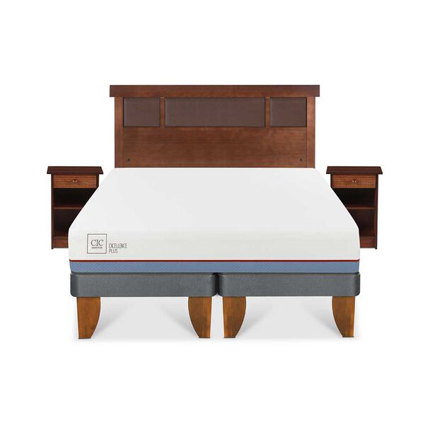 Cama Europea CIC Base Dividida 2 Plazas Excellence Plus + Respaldo + 2 Veladores New Dublin Caramel