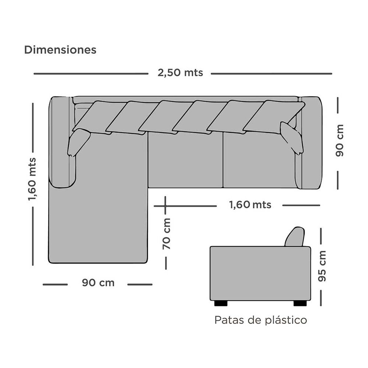 Sofá Seccional Izquierdo Living Factory Roma 3 Cuerpos Gris