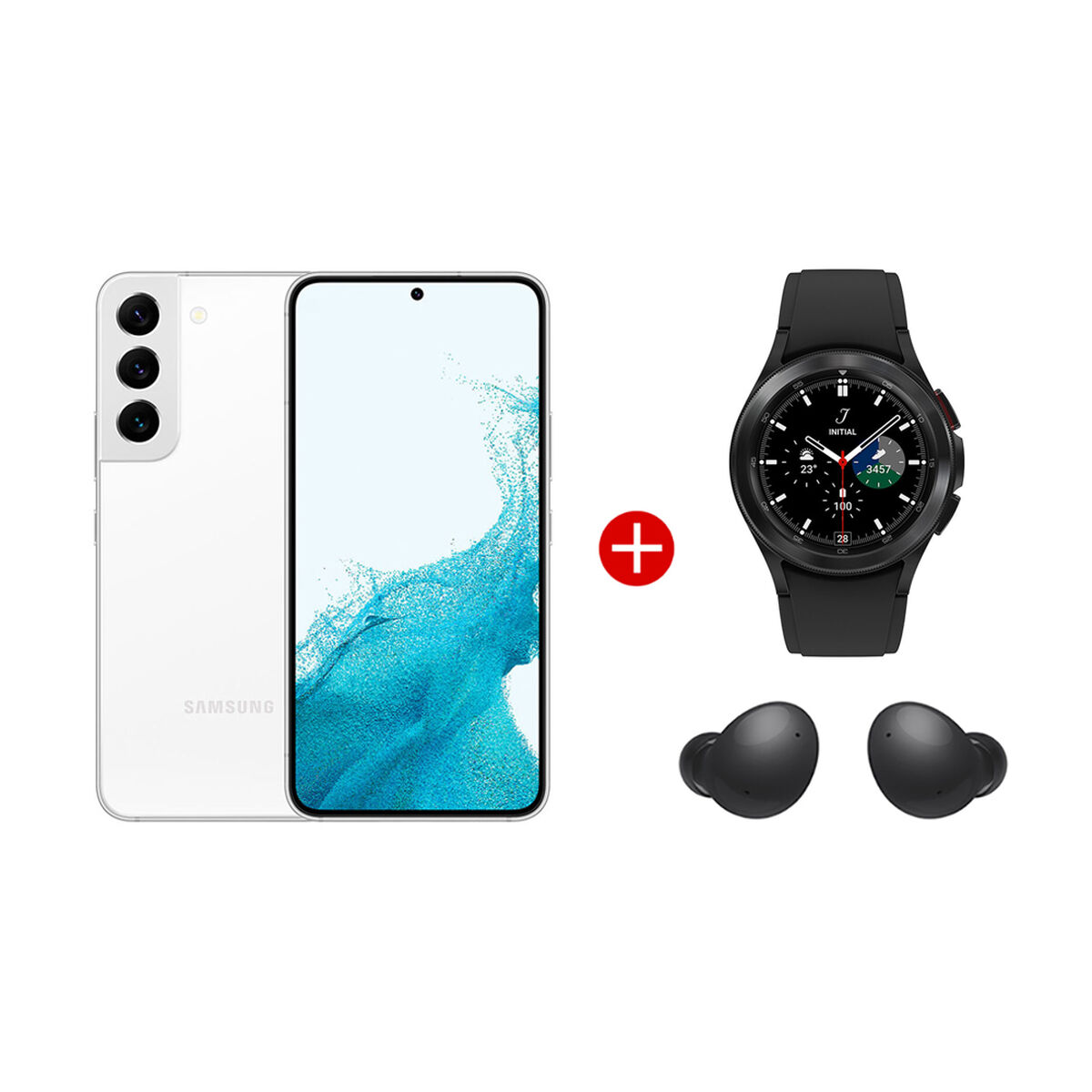 Combo Celular Samsung&nbsp;Galaxy S22+ 256GB 6,6" Phantom White Liberado + Smartwatch Galaxy Watch4 Classic 42mm Black + Aud&iacute;fonos Bluetooth Galaxy Buds2 Graphite