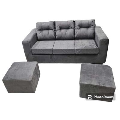 Juego de Living Kea Nize Sofá 3 Cuerpos + Dos Pouf Felpa Gris