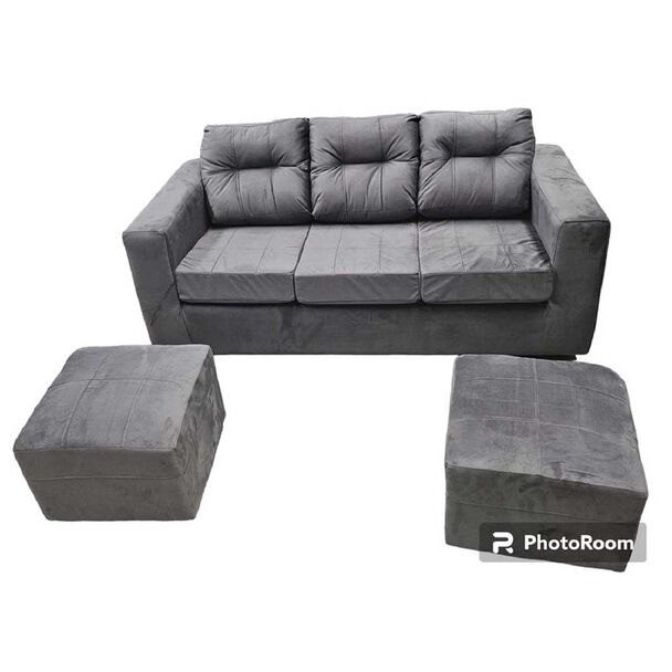 Juego de Living Kea Nize Sofá 3 Cuerpos + Dos Pouf Felpa Gris