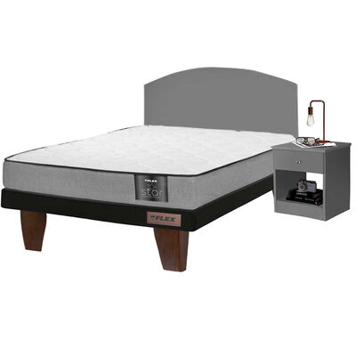 Combo Cama Europea Flex 1,5 Plazas Star + Respaldo + Velador Casanova 1,5 Plazas Gris