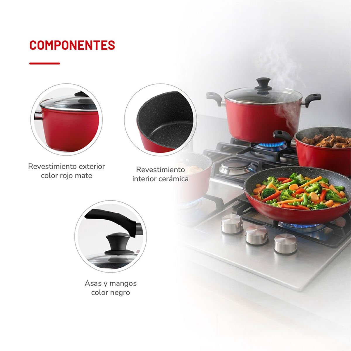 Bater&iacute;a de cocina Aluminio Forjado 7 Piezas Rojo