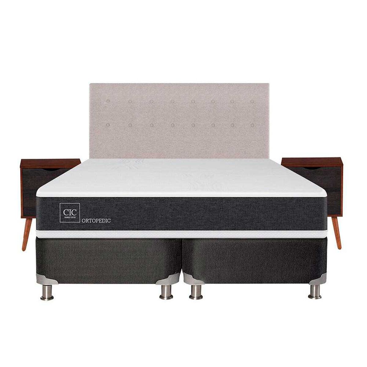 Box Spring CIC Base Dividida King New Ortopedic + Respaldo + 2 Veladores Tigris