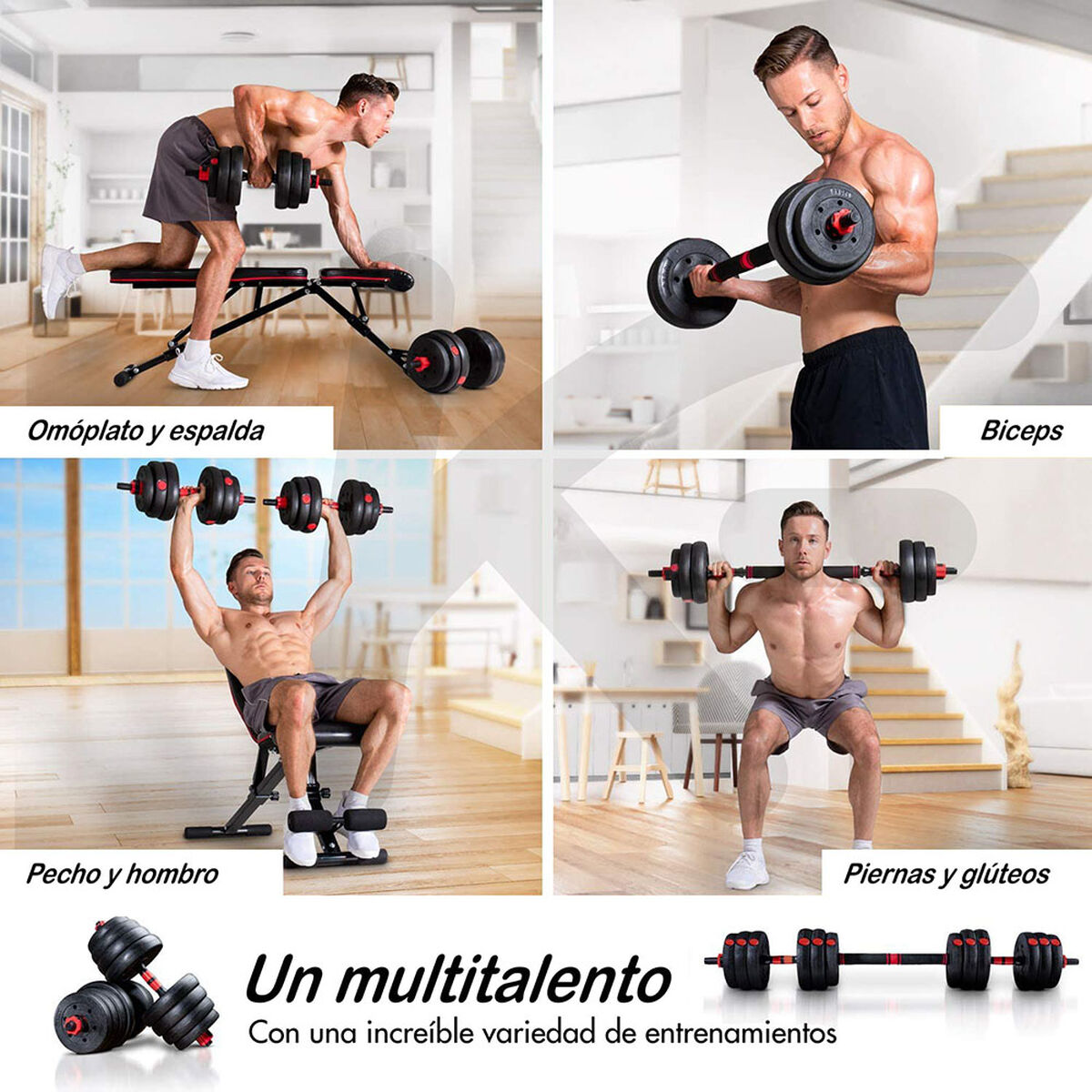 Torre Multifuncional de Ejercicios Fitness K-FIT + Set de Mancuernas K-FIT con Barra Ajustable 20Kg