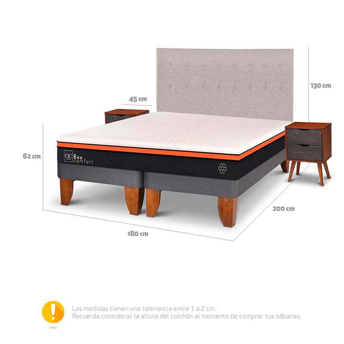 Cama Europea CIC Base Dividida King Bee Comfort + Respaldo + 2 Veladores