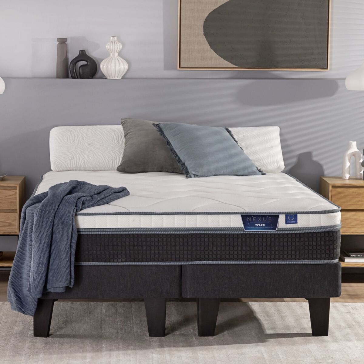 Cama Europea Flex 1,5 Plazas Nexus Box + Respaldo Tubular Beige