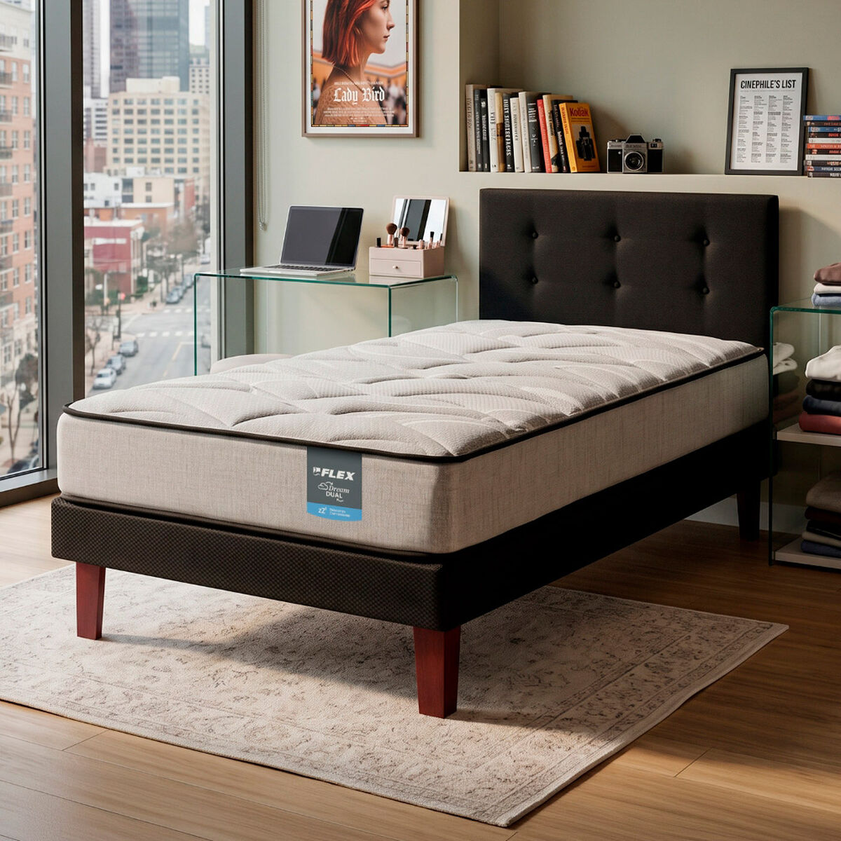 Cama Europea Flex 1,5 Plazas Dream Dual Box + Respaldo Royal Negro