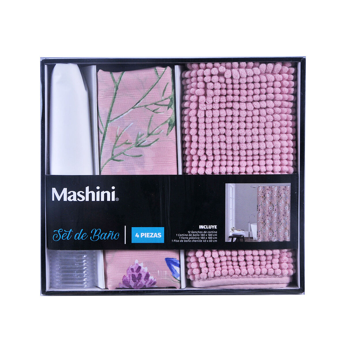 Set Cortina de Ba&ntilde;o 4 Piezas Caja Mashini Manzanilla