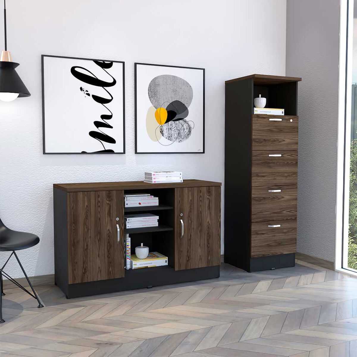 Combo Archivador Alto 4 Cajones + Gabinete 2 Puertas TuHome Home Office Negro Soft-Co&ntilde;ac