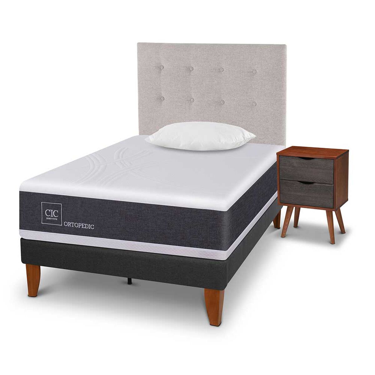 Cama Europea CIC 1,5 Plazas New Ortopedic + Respaldo Tigris + Velador + Almohada Viscoel&aacute;stica