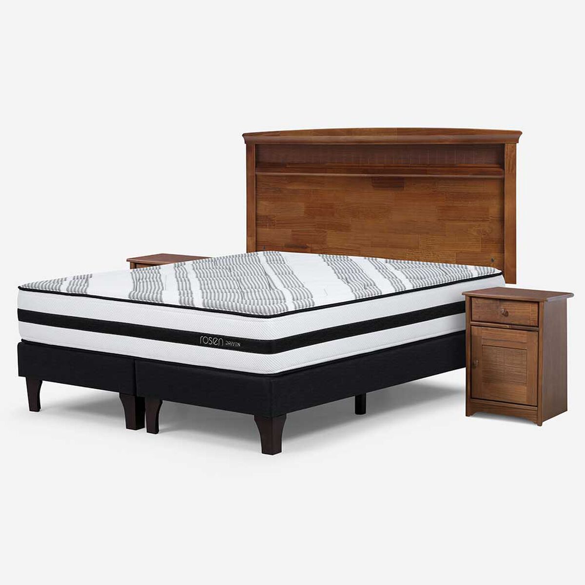 Cama Europea Rosen Base Dividida 2 Plazas Driven + Respaldo + 2 Veladores Veneto