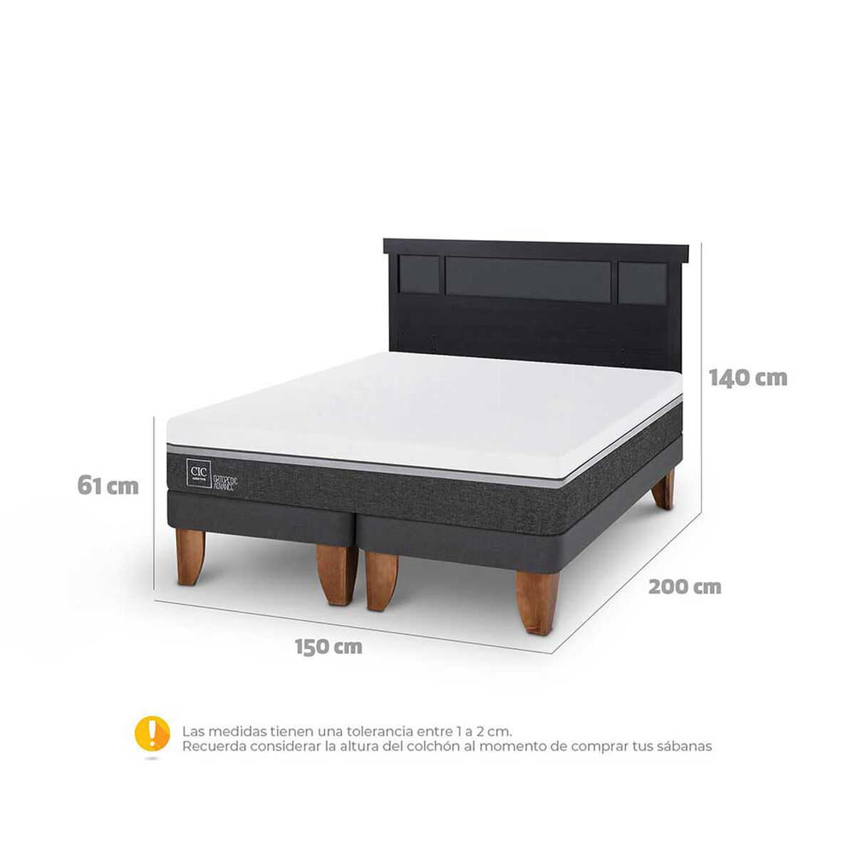 Cama Europea CIC Base Dividida 2 Plazas Ortopedic Advance + Respaldo Dublin Negro