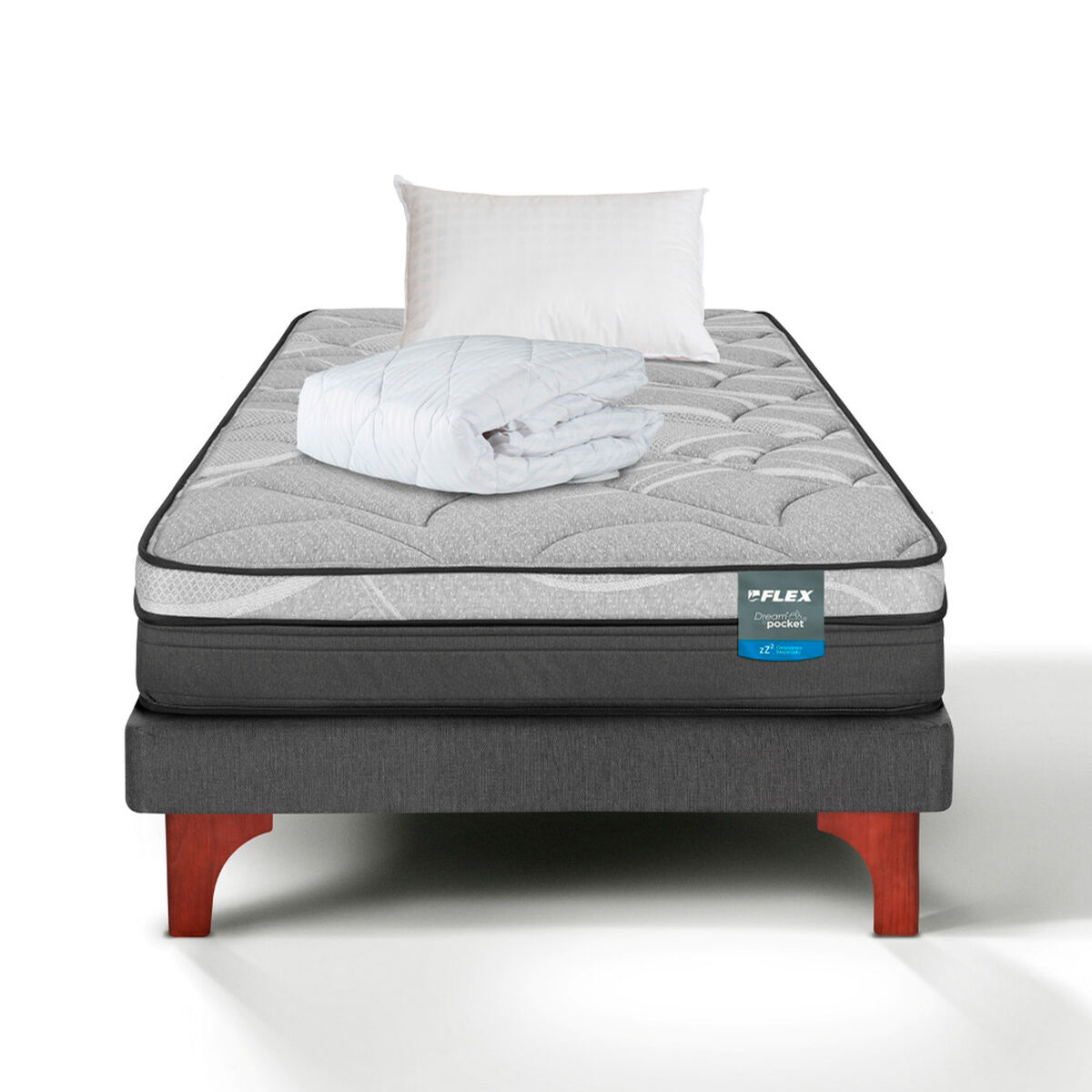 Cama Europea Flex 1,5 Plazas Dream Pocket Box + Almohada + Cubrecolchon Basico