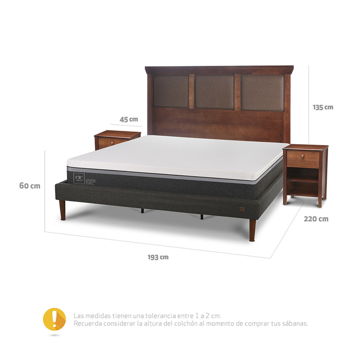 Cama Europea CIC King Ortopedic Advance + Respaldo New Torino + 2 Veladores