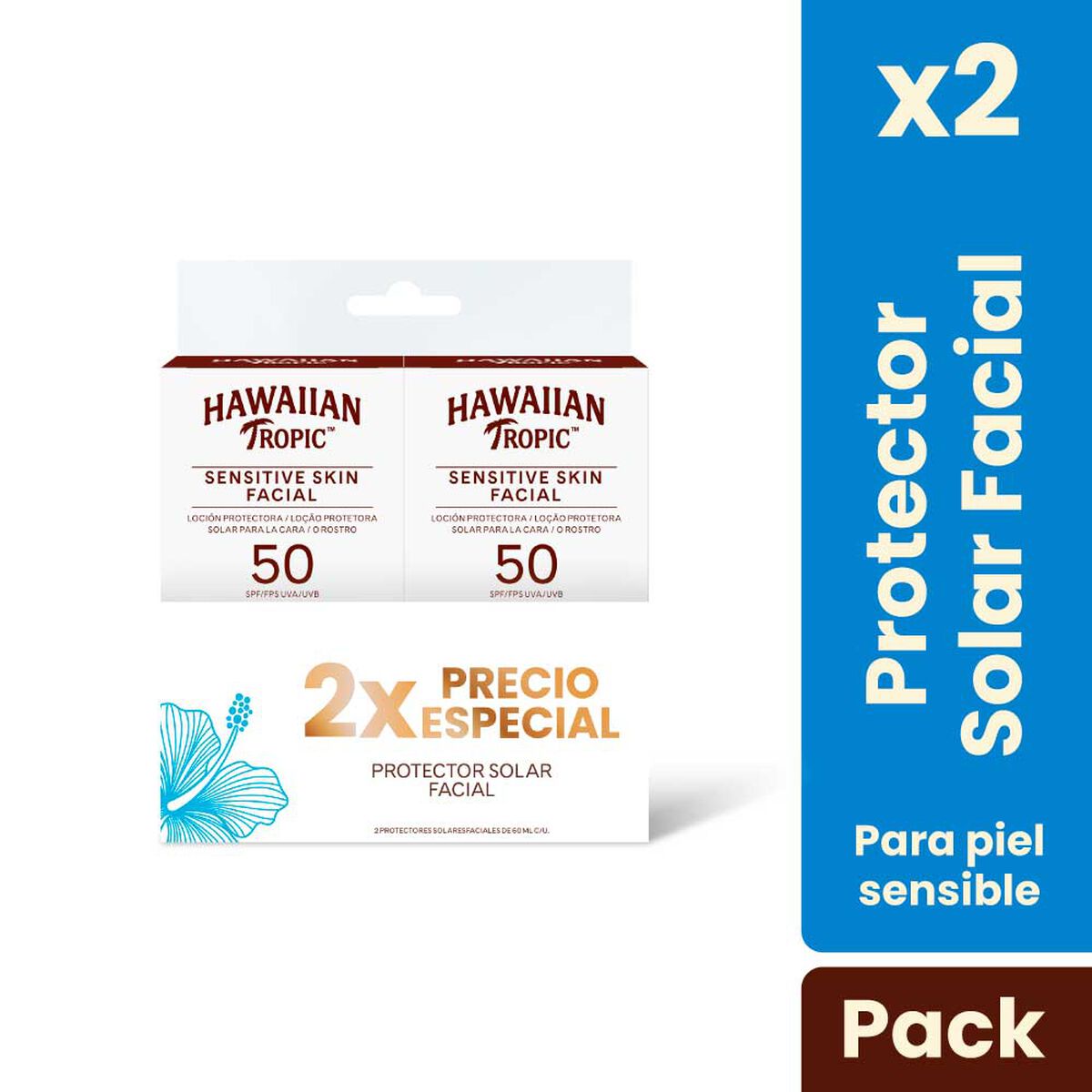 Set Protector Solar Hawaiian Tropic Sensitive Skin Facial FPS 50+ 60 ml