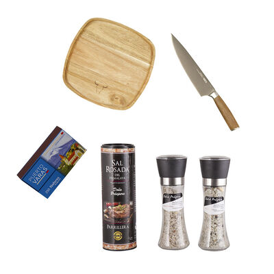 Set Parrillero Wayu Cuchillo Chef + Plato de Madera + Mix de Sales + Caja Fósforos