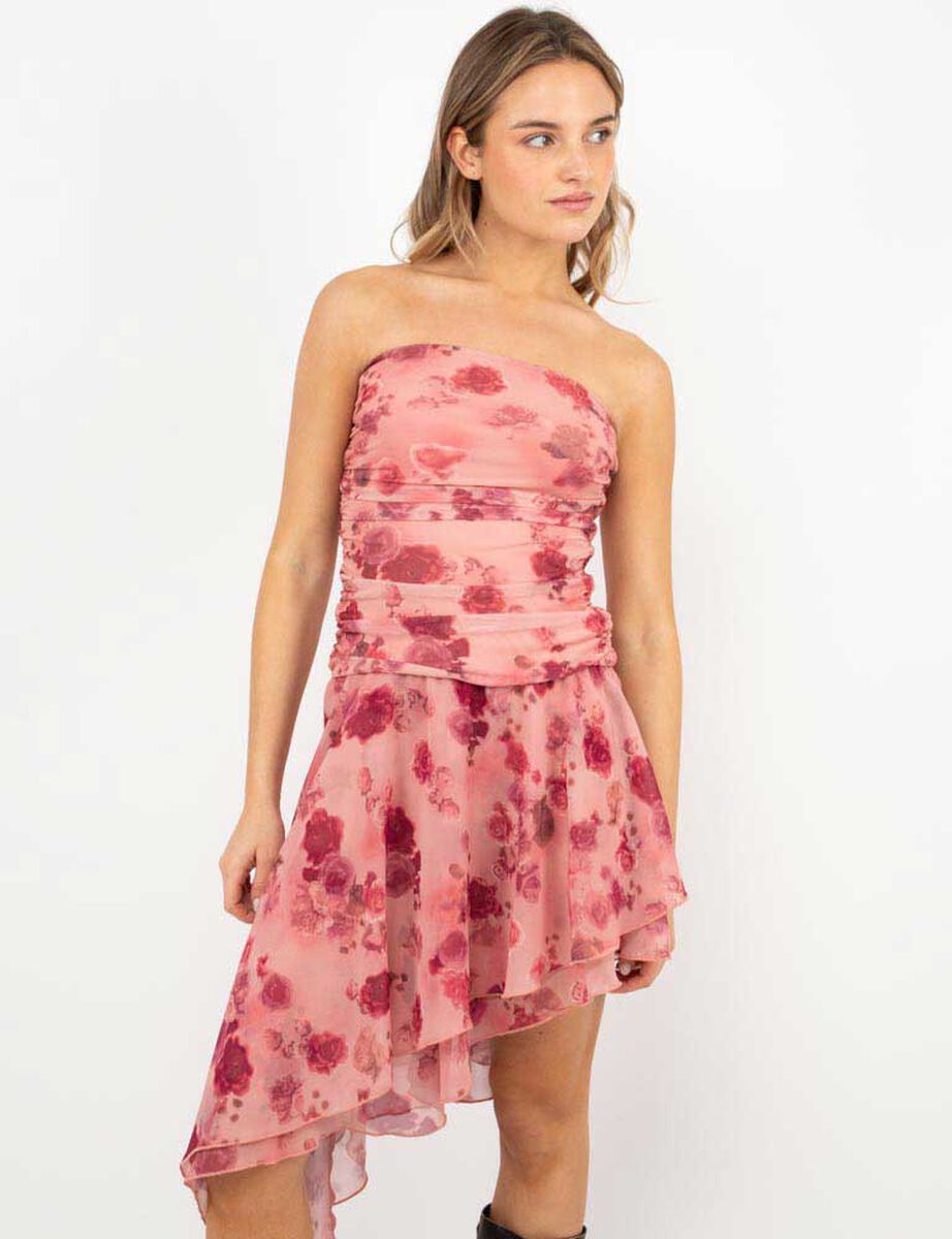 Vestido Corto Asimétrico Strapless  Mujer Icono