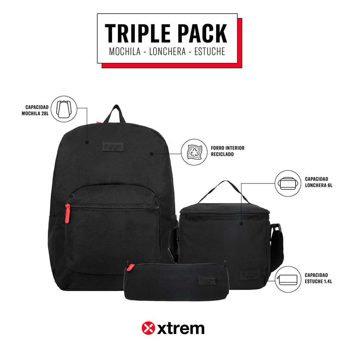Triple Pack 5XT Mochila Niño Xtrem Negro/Rojo