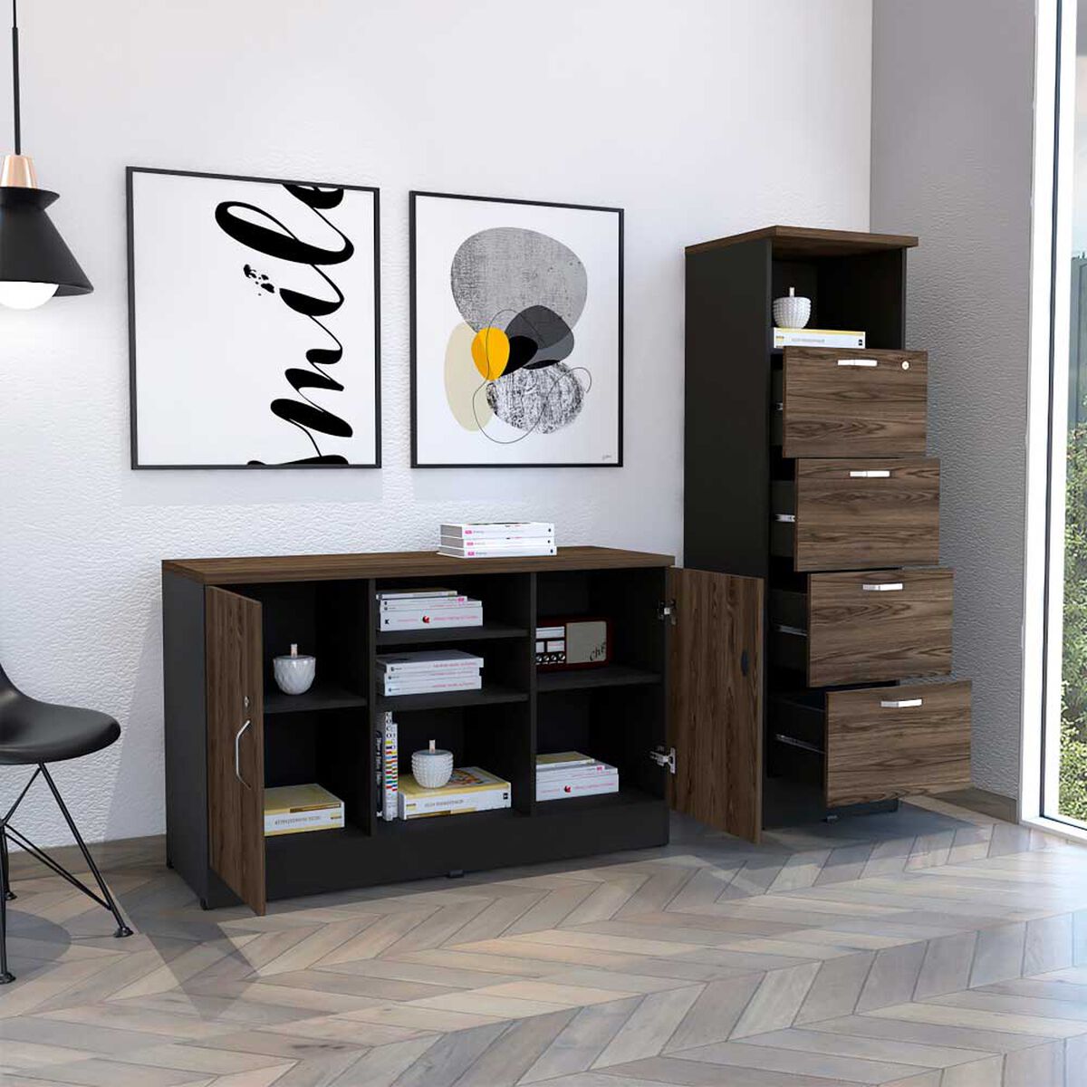 Combo Archivador Alto 4 Cajones + Gabinete 2 Puertas TuHome Home Office Negro Soft-Co&ntilde;ac