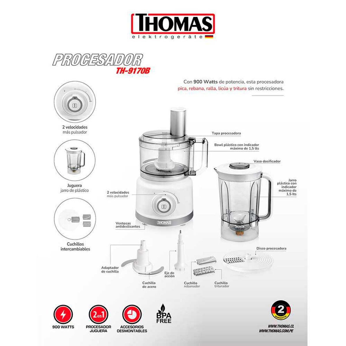 Licuadora y Procesadora de Alimentos Thomas TH-9170B 1,5 lts.