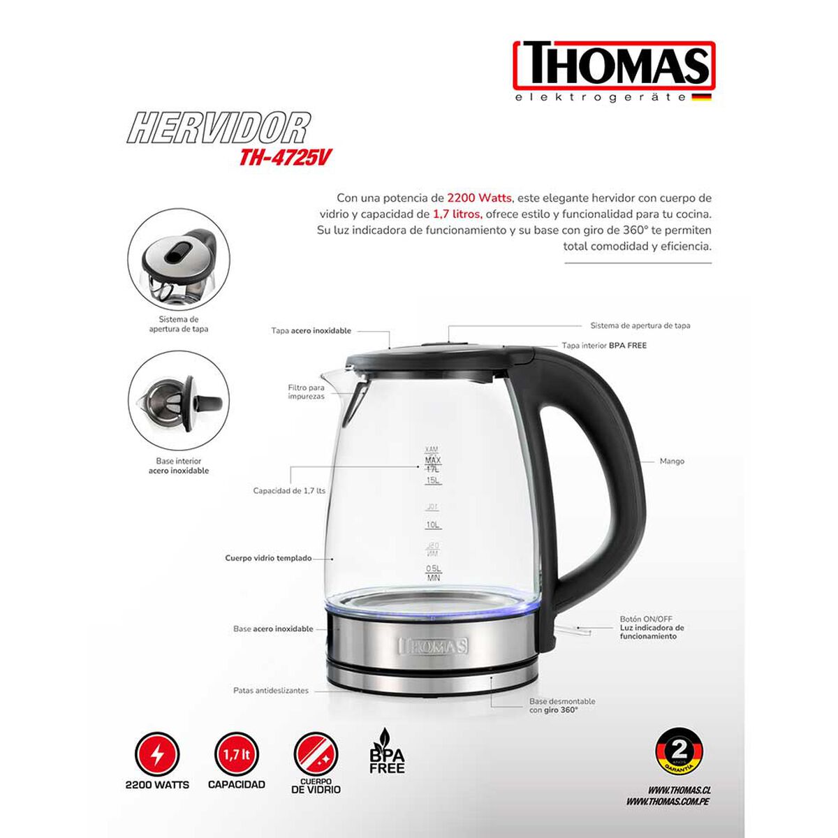 Hervidor Eléctrico Thomas TH-4725V 1,7 lts.