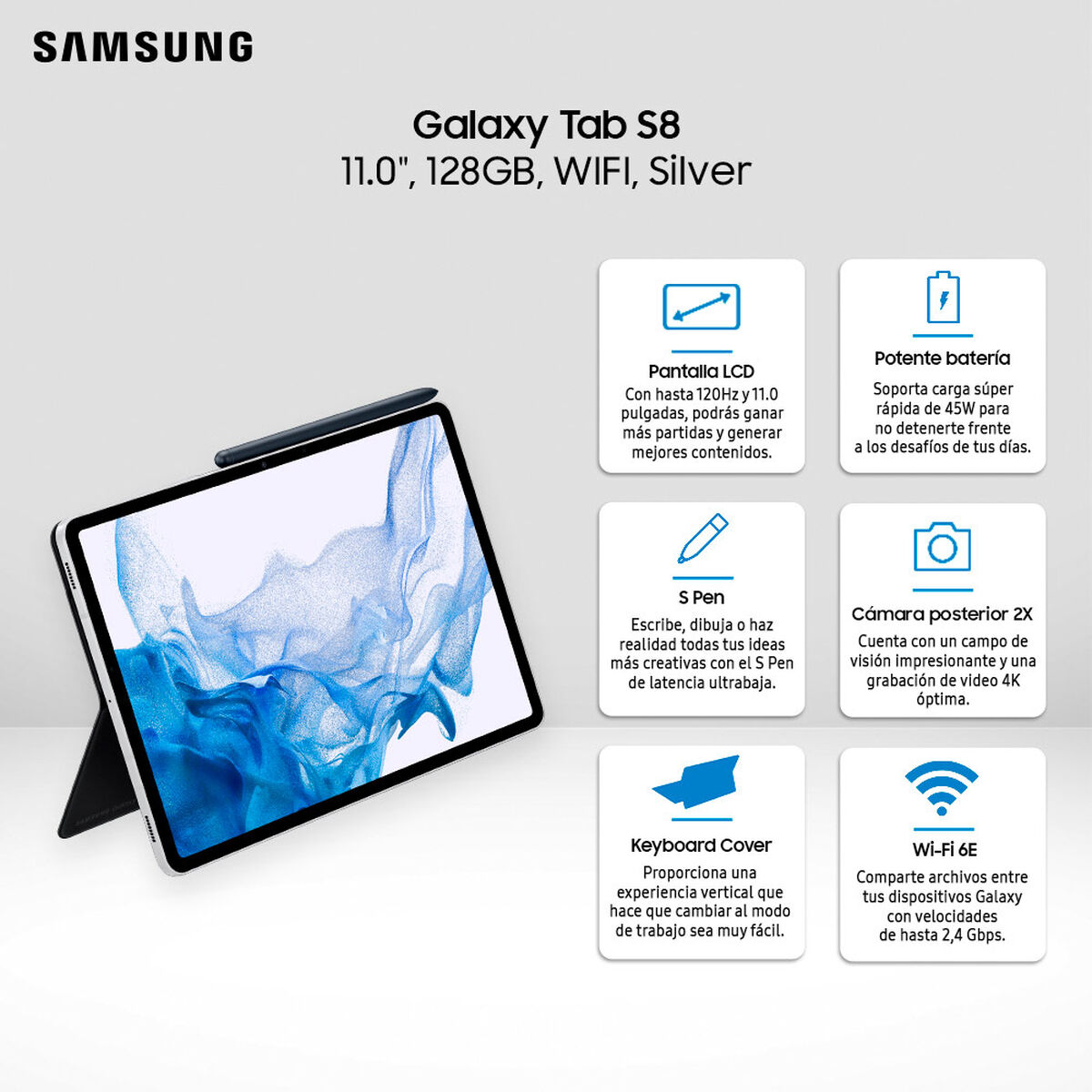 Tablet Samsung Galaxy TAB S8 SM-X700 Octa Core 8GB 128GB 11" Silver + S-Pen + Keyboard Cover