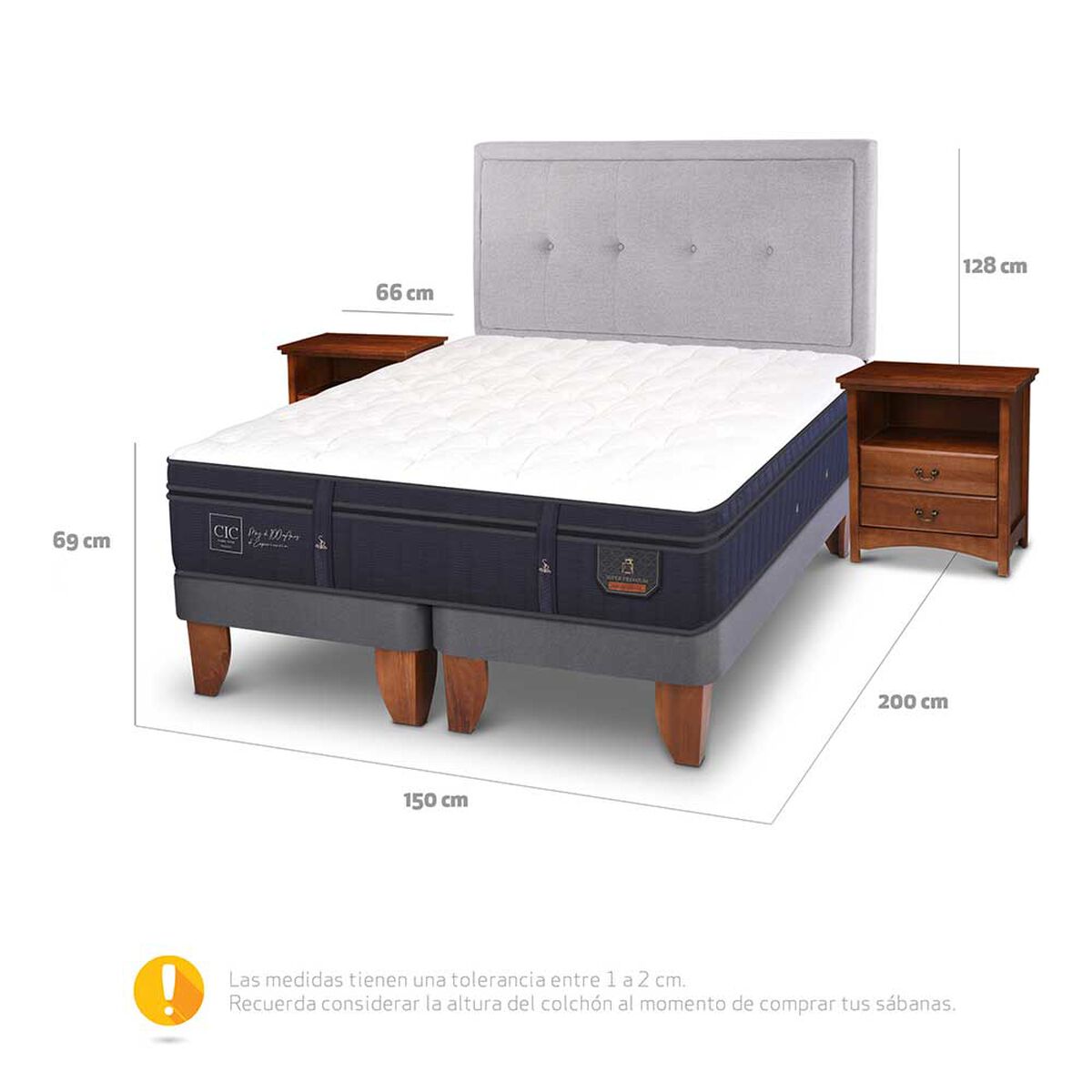 Cama Europea CIC Base Dividida 2 Plazas Súper Premium + Respaldo + Veladores