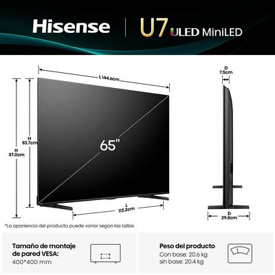 Imagen 2 del producto MINI LED Hisense 65U7QG 65"" Ultra HD 4K