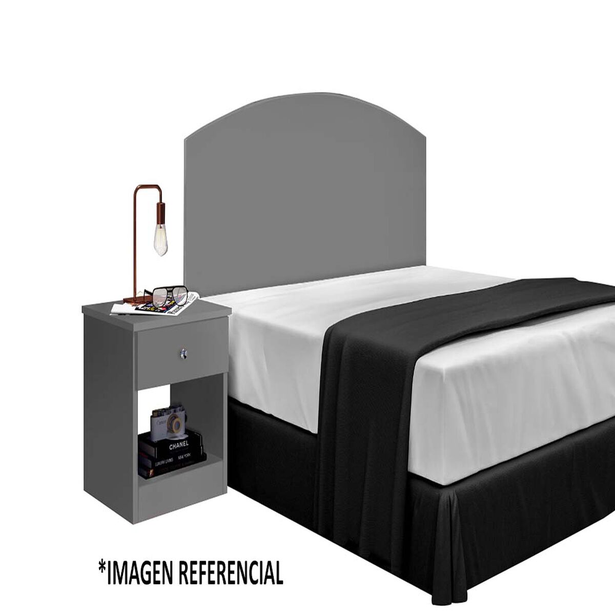 Combo Celta Cama Europea 1,5 Plaza Cádiz 190 x 105 cm + Respaldo + Velador Casanova 1,5 Plazas Gris