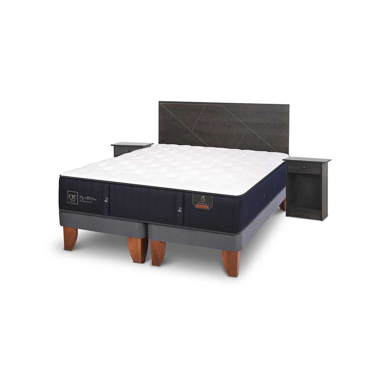 Cama Europea CIC Base Dividida 2 Plazas Premium + Respaldo + 2 Veladores Villarrica