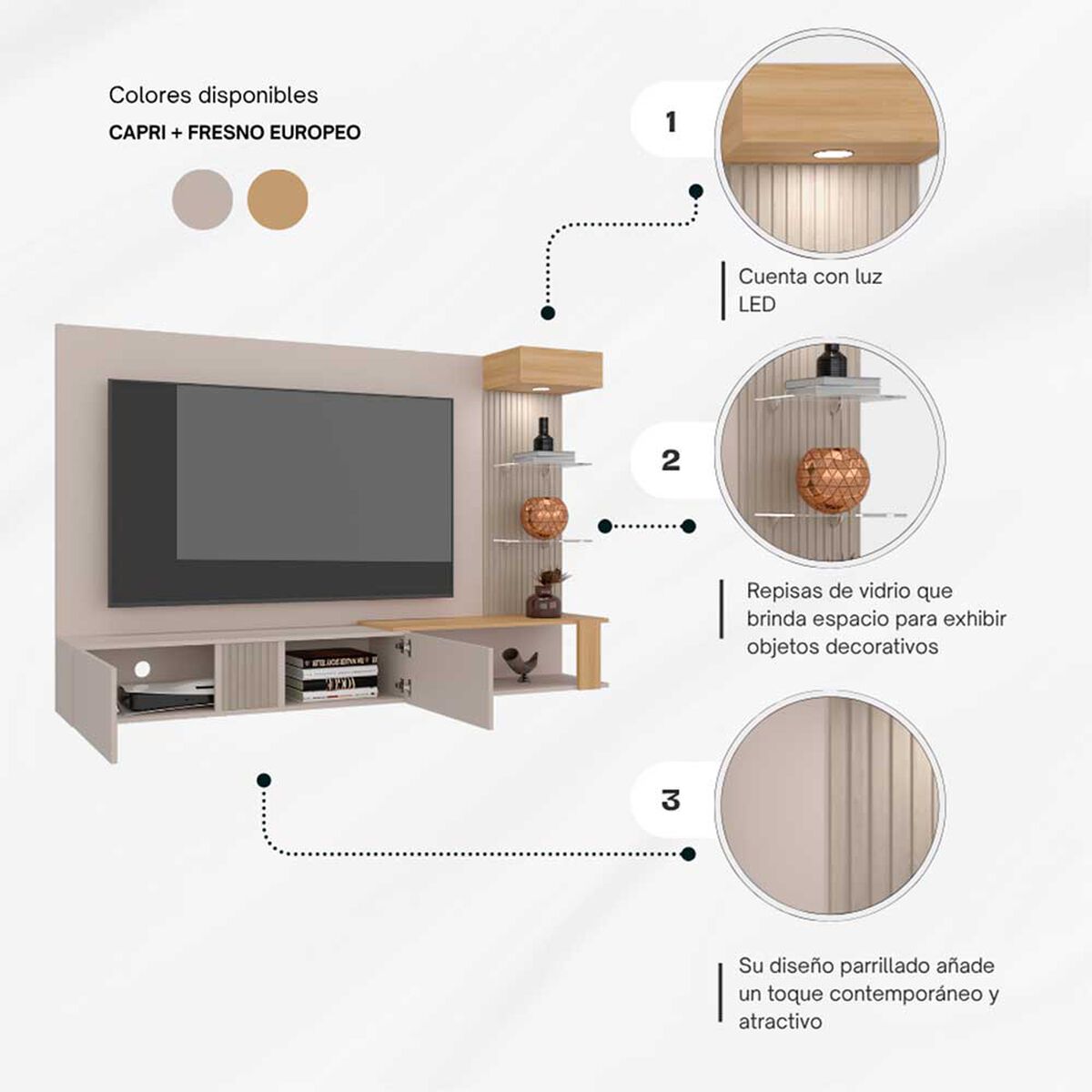 Panel TV Tuhome Isolde Hasta 70" 2 Puertas Capri Fresno