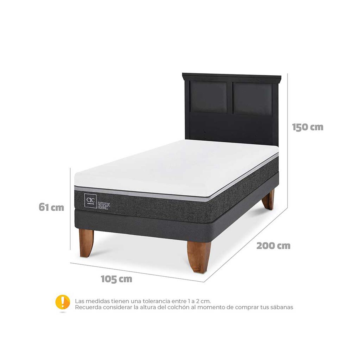 Cama Europea CIC 1,5 Plazas Ortopedic Advance + Respaldo Torino Negro