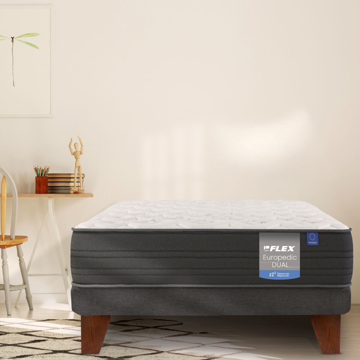 Cama Europea Europedic Dual 1,5 Plazas + Respaldo Royal Gris + Velador Atenas