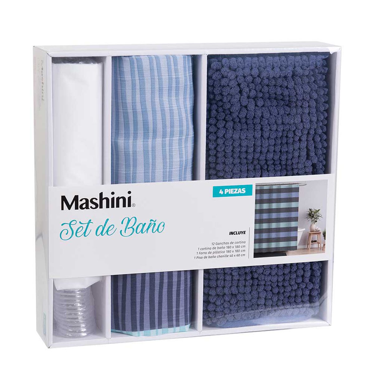 Set Cortina de Baño 4 Piezas Mashini Busia Multicolor