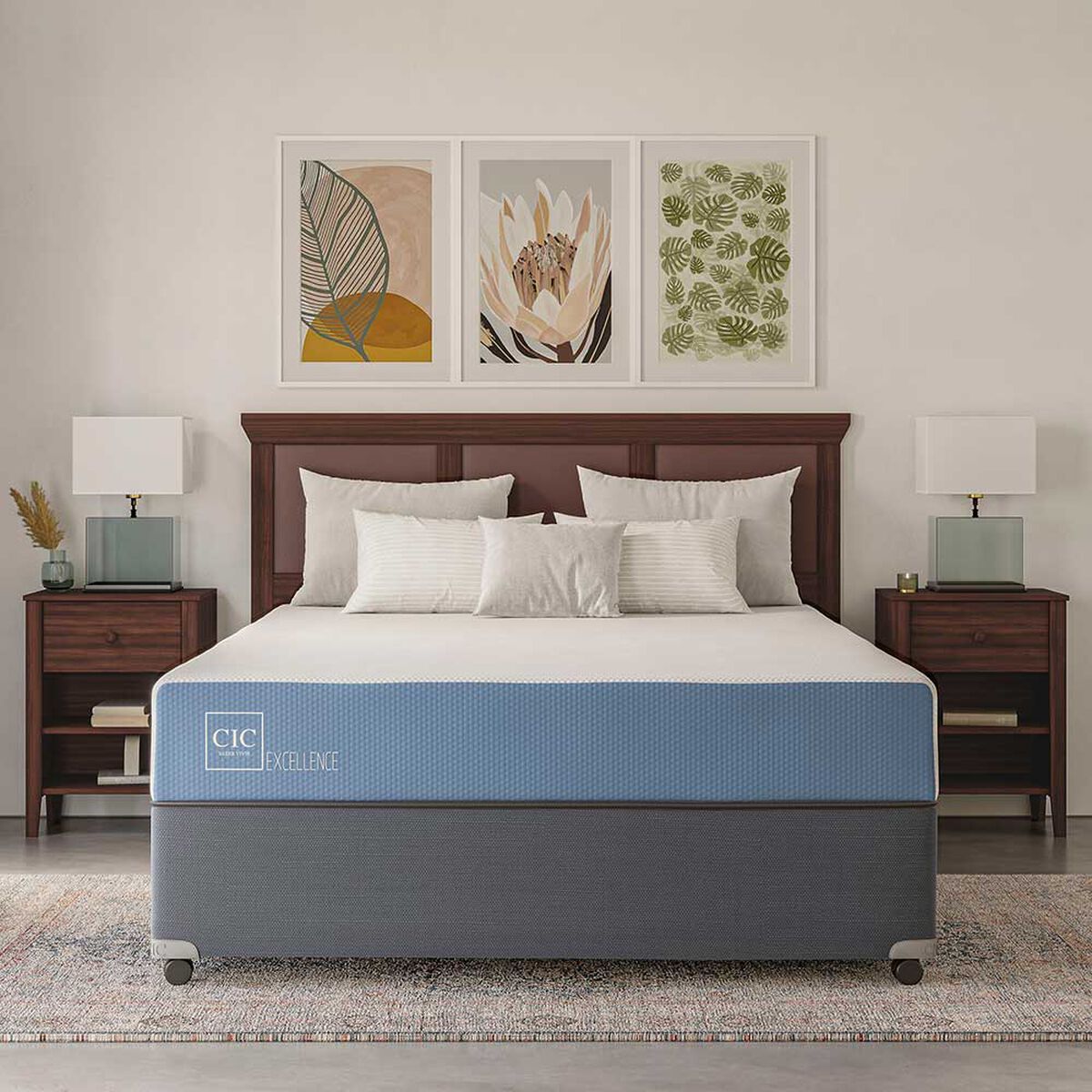 Cama Americana CIC Full Excellence + Respaldo + 2 Veladores Olmo + Almohadas