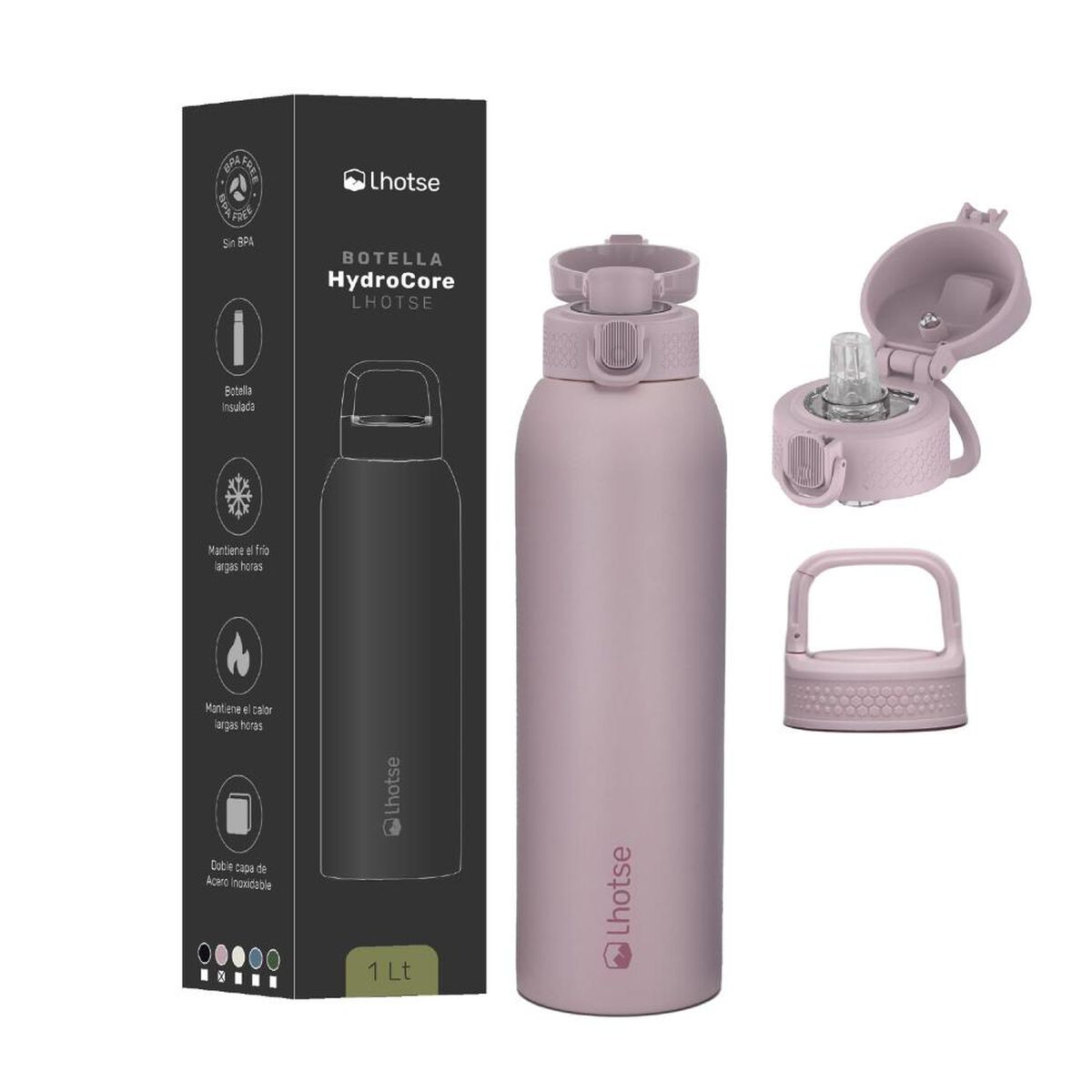 Botella T&eacute;rmica Agua Lhotse Acero Inox 3 Tapas HydroCore 1Lt Rosa