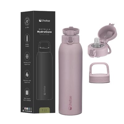 Botella T&eacute;rmica Agua Lhotse Acero Inox 3 Tapas HydroCore 1Lt Rosa