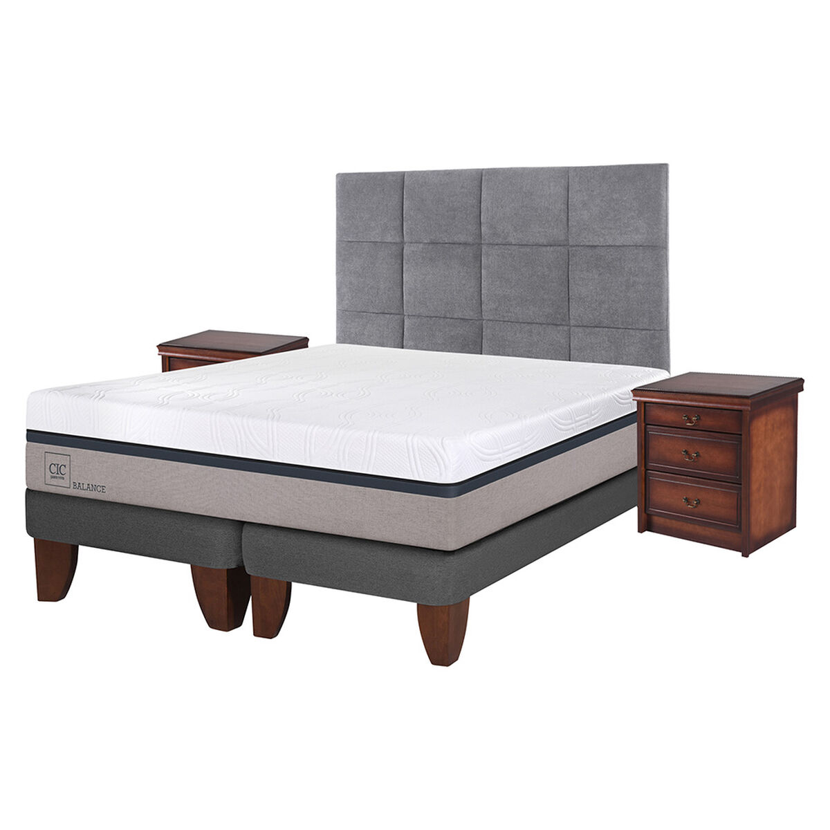 Cama Europea CIC Base Dividida King Balance + Respaldo + 2 Veladores Tamesis