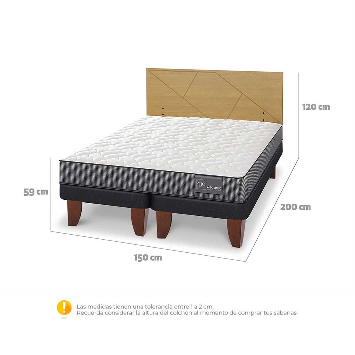 Cama Europea CIC Base Dividida 2 Plazas Anatomic + Respaldo Villarrica Mostaza