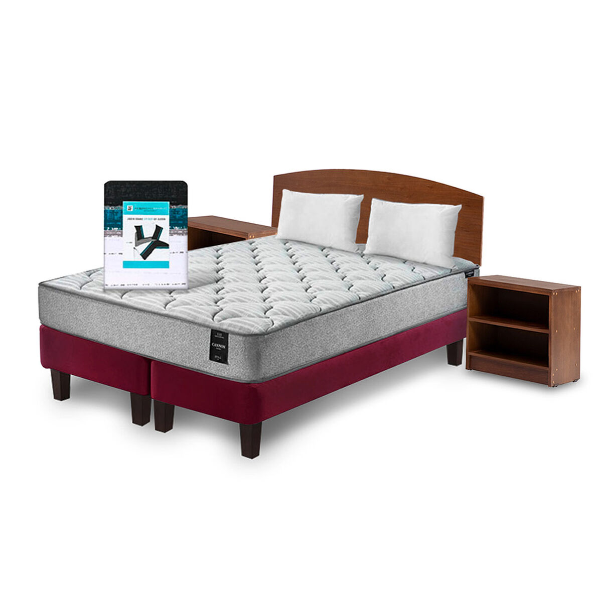 Combo Cama Europea Latam Home 2 Plazas Cannon BD Tela Burdeo + Textil + Respaldo + 2 Veladores Atlas