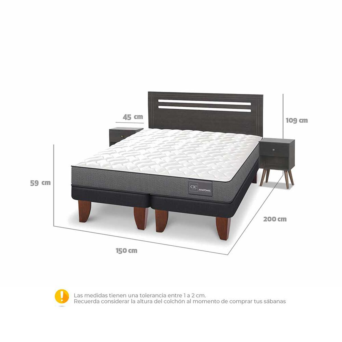 Cama Europea CIC Base Dividida 2 Plazas Anatomic + Respaldo + 2 Veladores Munich