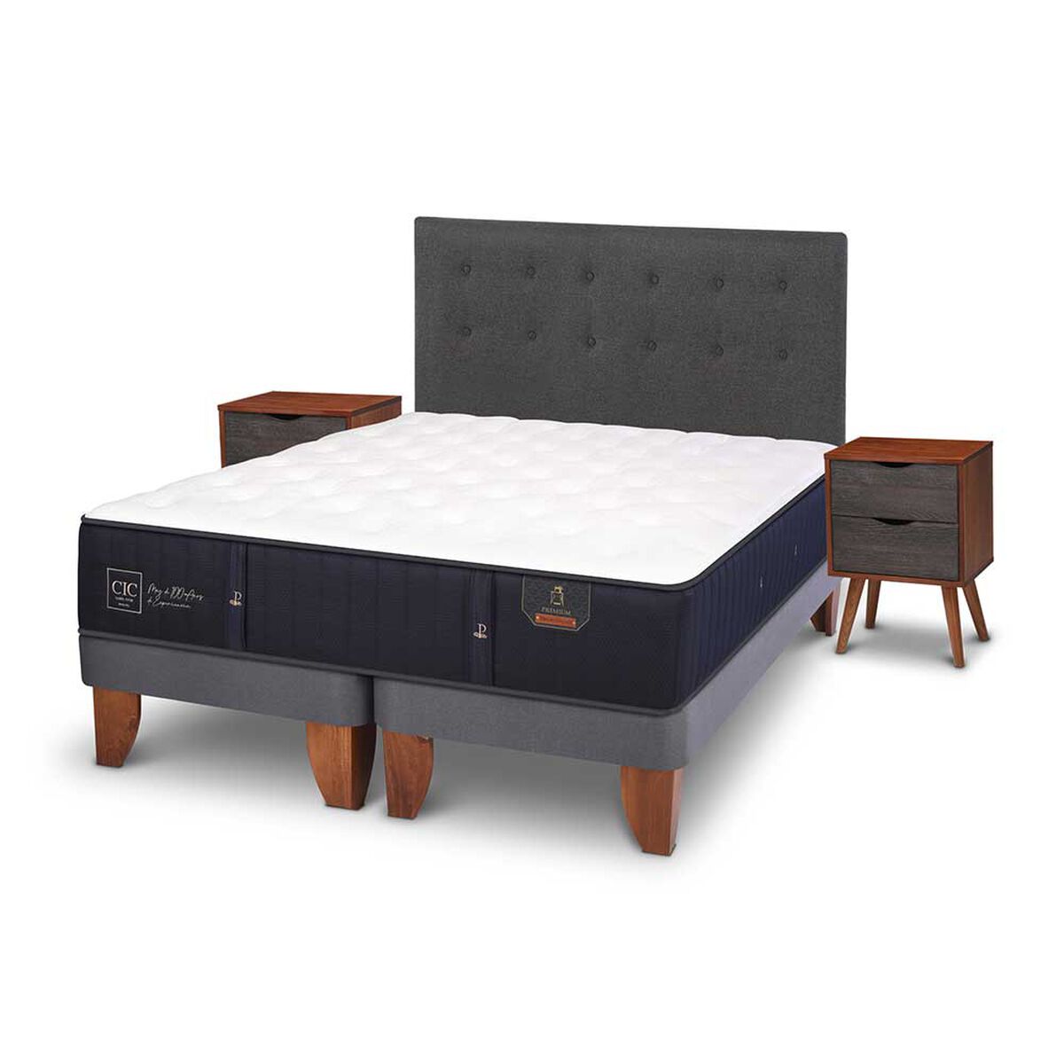 Cama Europea CIC Base Dividida 2 Plazas Premium + Respaldo + Veladores