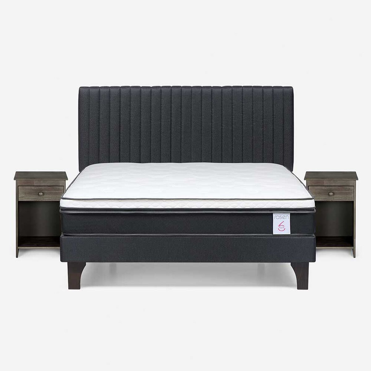 Cama Europea Rosen 2 Plazas New Style 6 + Respaldo + 2 Veladores Grafito